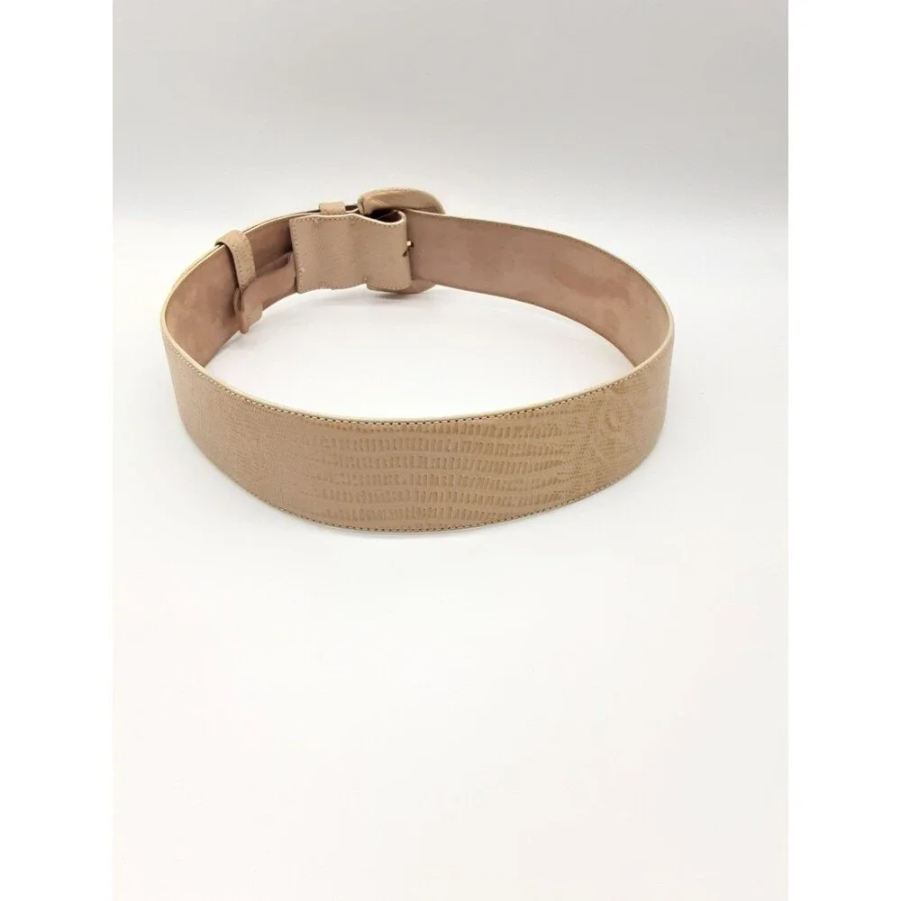 Donna Karan Vintage Medium Leather Belt Wide Cream Beige Snake Embossed Women